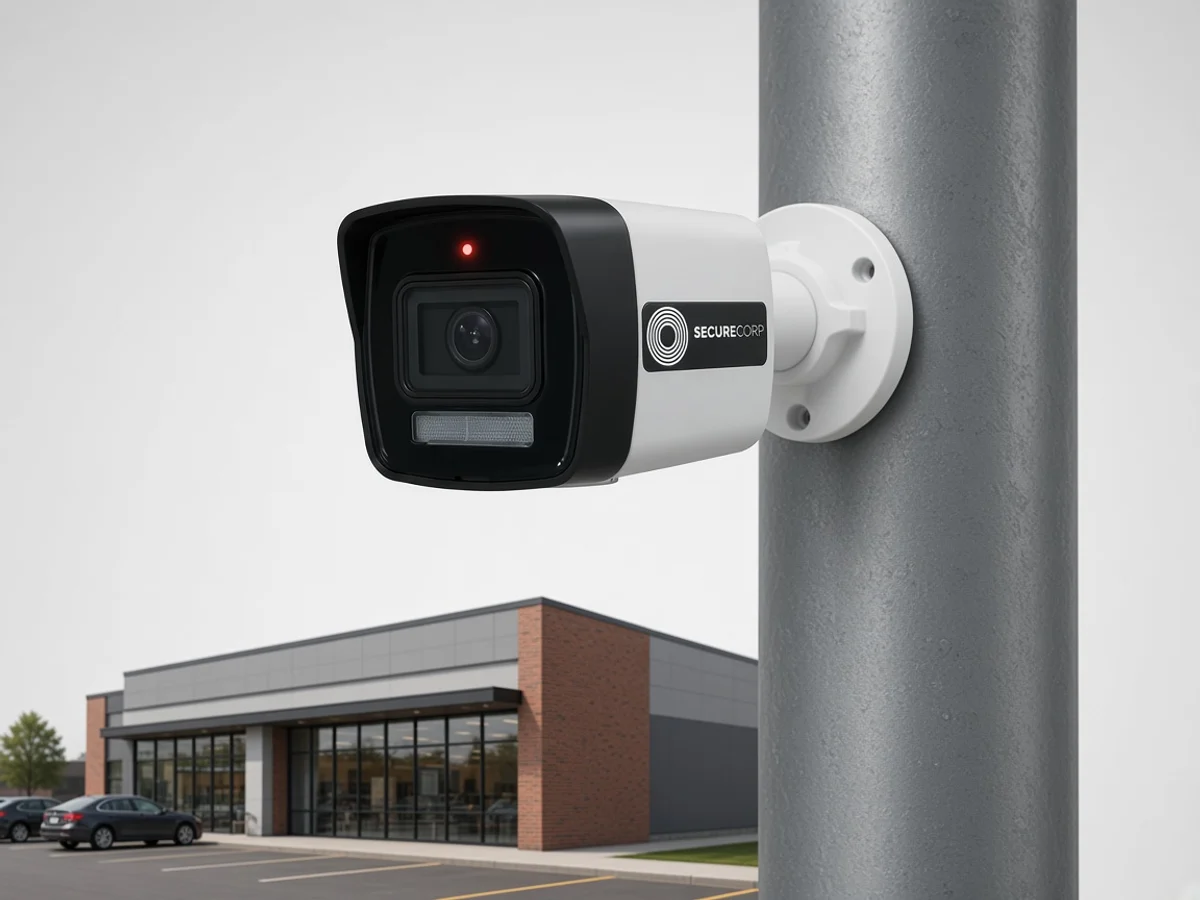 Cámara bala SC-IPB4AI-PoE67 en poste exterior retail — aplicación típica