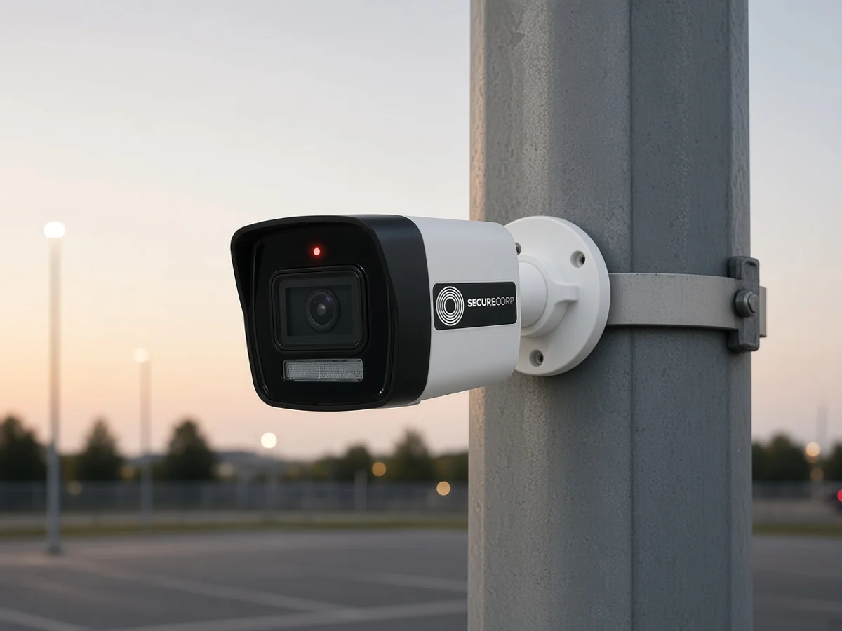 Cámara bala SC-IPBF4HLI-PoE67 montada en poste exterior — aplicación típica