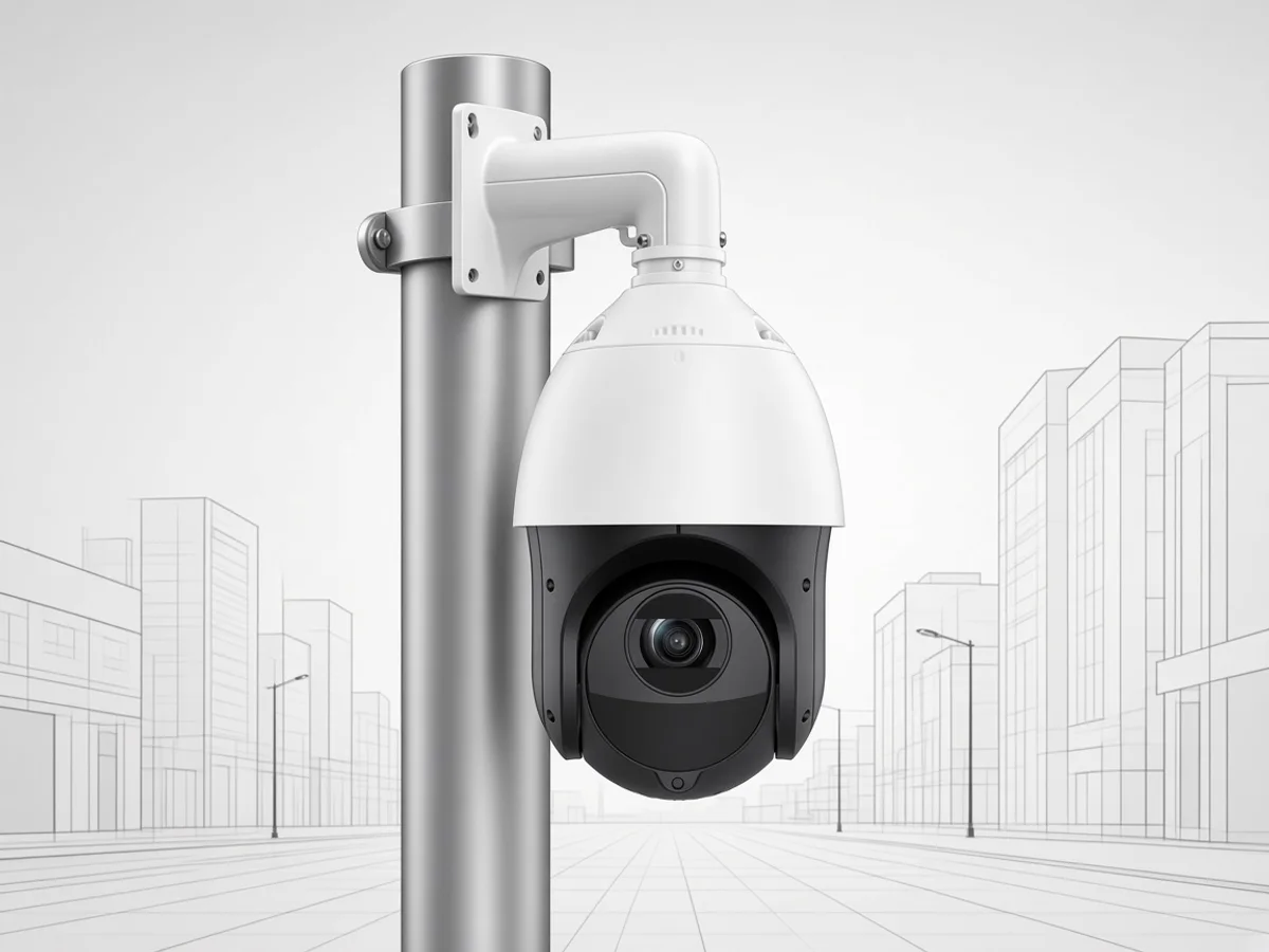 Cámara PTZ SecureCorp en poste vigilando plaza urbana, fondo neutro