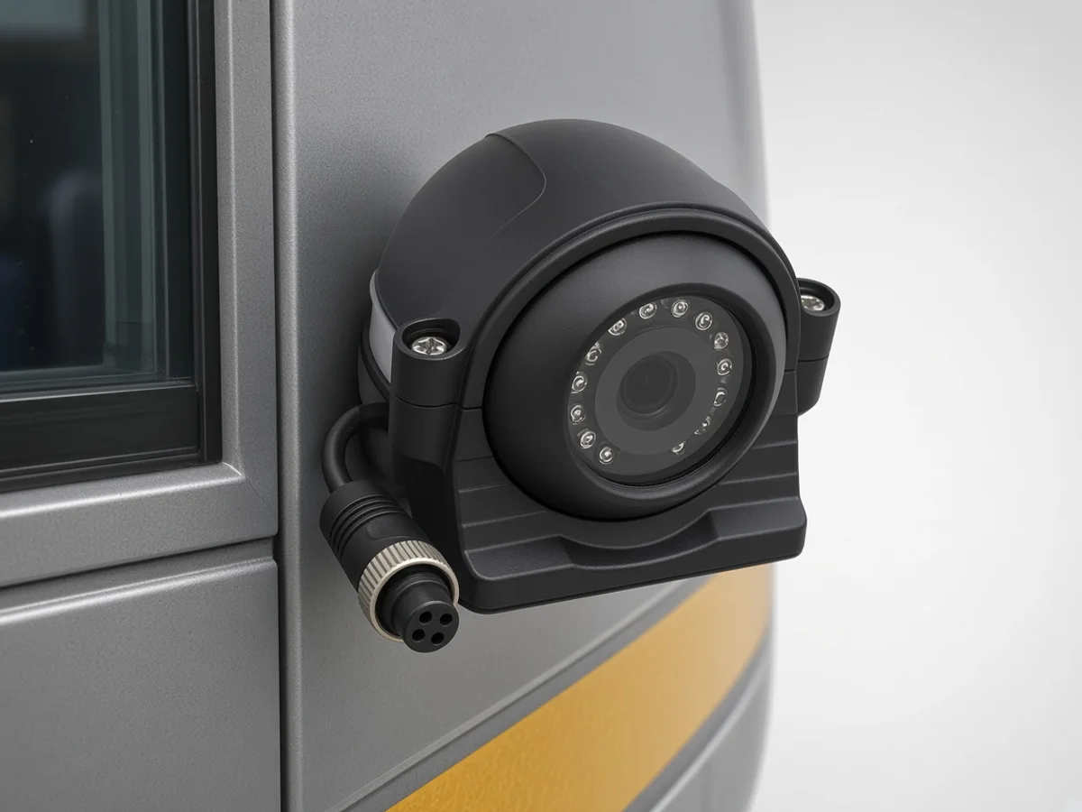 Cámara lateral IP67 en autobús urbano punto ciego, fondo gris claro