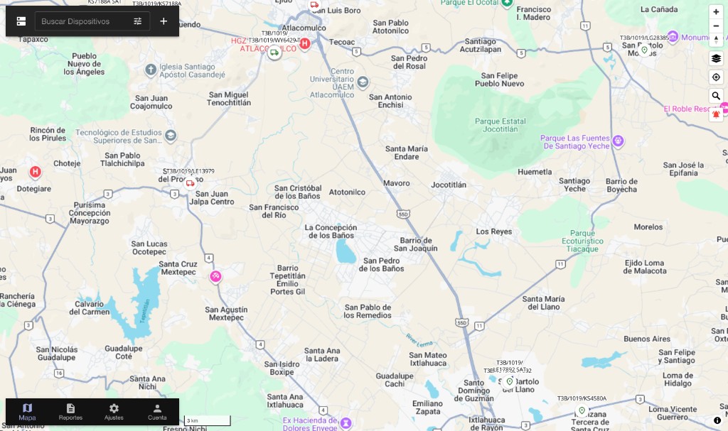 SecureTrax: mapa con dispositivos, geocercas y seguimiento de flota en tiempo real