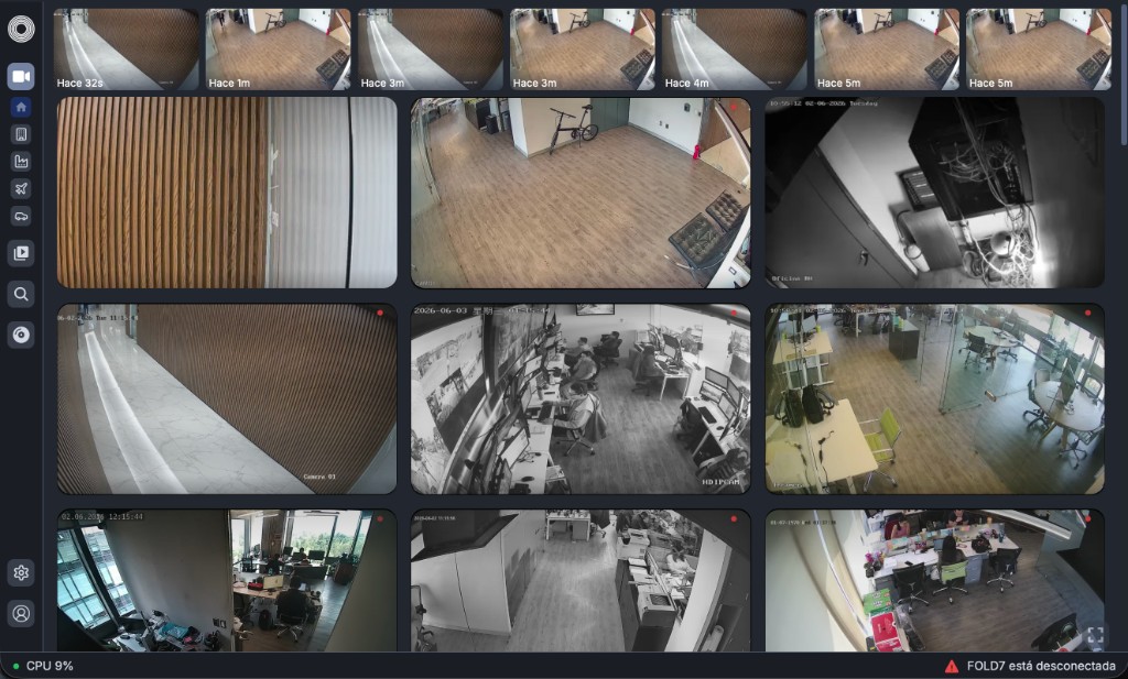 SecureVu: panel VMS con múltiples cámaras, miniaturas recientes y alertas de estado